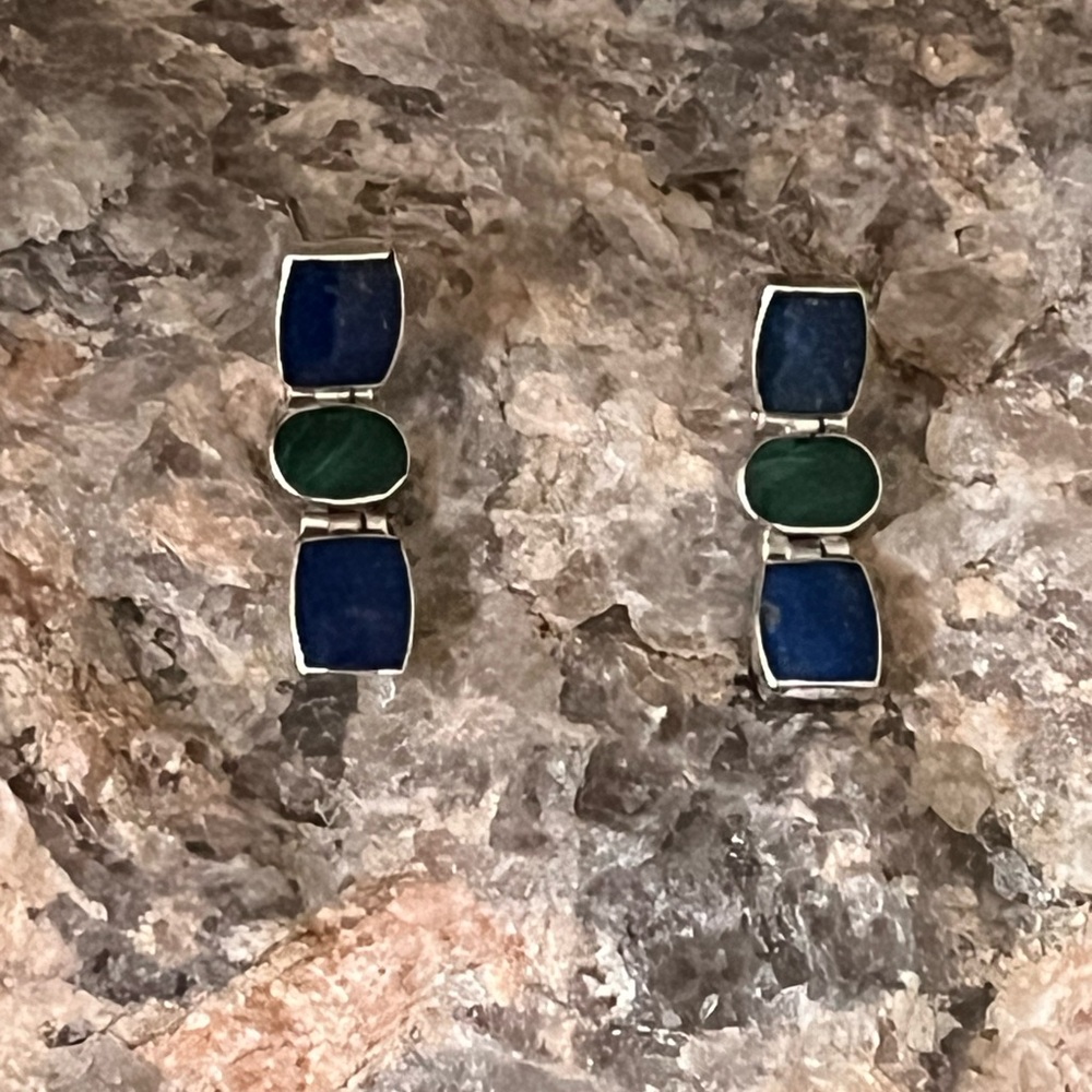 Very pretty Lapis, Green Stone & Silver Earrings